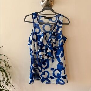 NWT Outback Red Blue and White Patterned Sleeveless Ruffle Blouse Size Medium